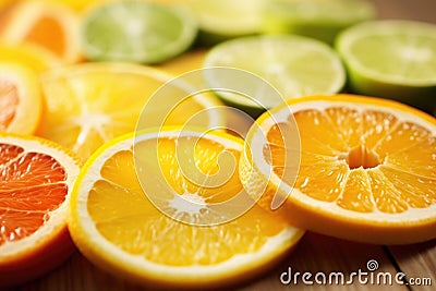 close-up of citrus fruit slices laying on the table Stock Photo