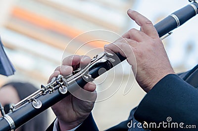 Close up clarinet, detail of a musician in the fallas of Valencia Editorial Stock Photo