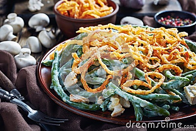 Green Bean Casserole on an earthenware plate Stock Photo