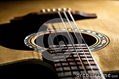 Close-up of classical guitar strings. Stock Photo