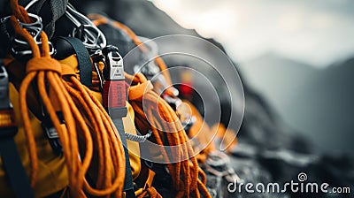Close up of climbing equipment on a mountain, AI Stock Photo
