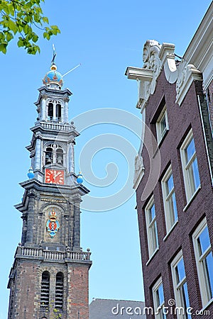 Close-up on the clock tower of Westerkerk church in Jordaan, Amsterdam, Netherlands Stock Photo