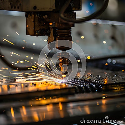 Close-up of a CNC machine operating on a metal part, generating shavings in an industrial setting. Precision engineering Stock Photo