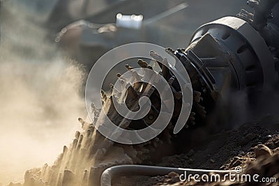 close-up of coal mining drill bit, with steam and dust in the air Stock Photo