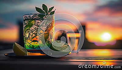 Close up of cocktail mixed drinks with lime, juice, mint, paper mint, gin and soda gourmet craft, modern ice cold drinks, with Stock Photo