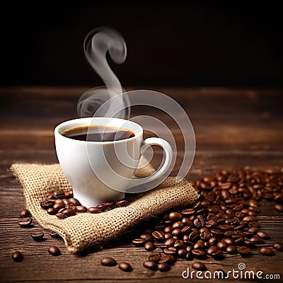 close up of coffee cup on wooden table steam rising Stock Photo