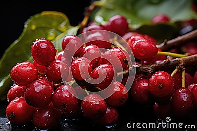 Close-up of coffee fruit at a coffee farm on a branch, Colombia Stock Photo