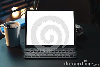Tablet with blank white screen and keyboard on table. workspace. 3d rendering. Editorial Stock Photo