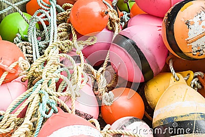 Close up of a collection of bright buoys. Stock Photo