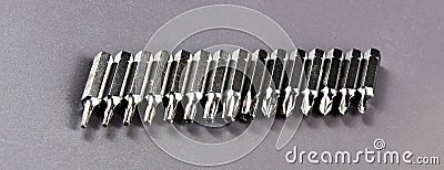 Close-up collection of tough metal bits for screwdriver or drill Stock Photo