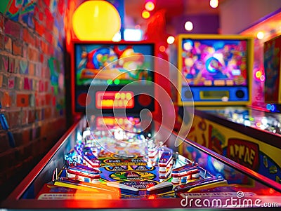 Close-up of colorful arcade pinball game machine in vibrant Brighton setting. Machine shines with bright colors, lights, creating Stock Photo