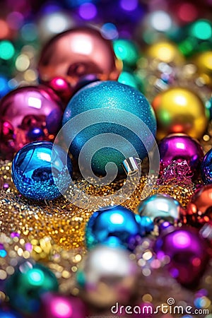 close-up of colorful christmas baubles and tinsel Stock Photo