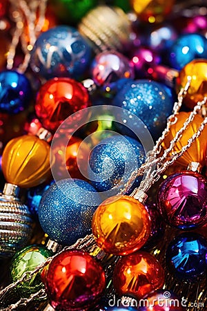 close-up of colorful christmas baubles and tinsel Stock Photo