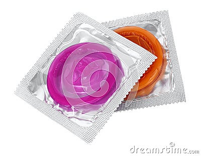 Close up of colorful condoms over white background Stock Photo