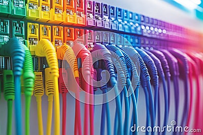Close up of colorful ethernet cables plugged into a server rack symbolizing secure data transmission high speed connectivity an Cartoon Illustration
