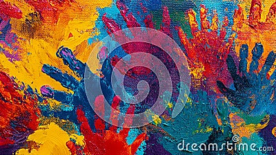 A close-up of colorful handprints on a canvas symbolizing unity and Stock Photo