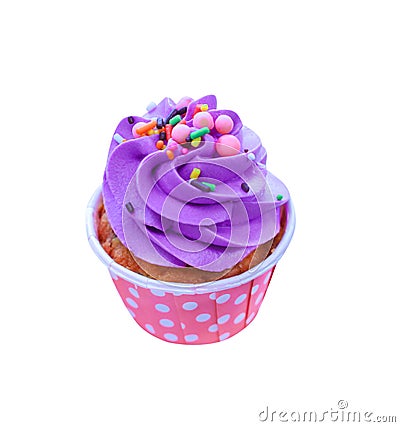 Colorful holiday cupcakes with purple whipped cream and multicolored topping on pink vivid paper cup isolated on white background Stock Photo