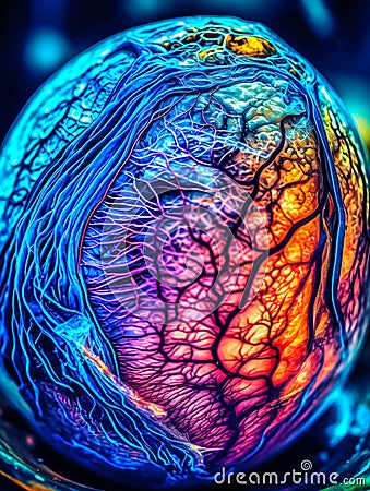 A close up of a colorful microscopic photo glowing blue veins human in brain. AI generated Stock Photo