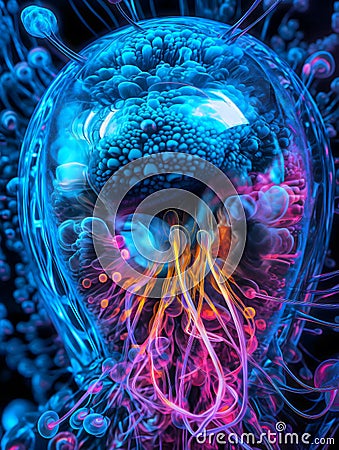 A close up of a colorful microscopic photo glowing blue veins human in brain. AI generated Stock Photo