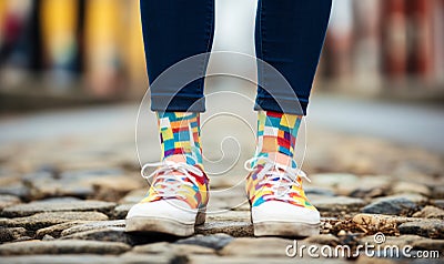 Close-up of colorful mismatched socks with various patterns on person wearing blue trousers and white sneakers portraying quirky Stock Photo