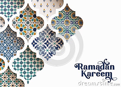 Close-up of colorful ornamental arabic tiles, patterns through white mosque window. Greeting card, invitation for Muslim Vector Illustration