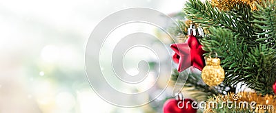 Close up of colorful ornaments on Christmas tree, panoramic banner Stock Photo
