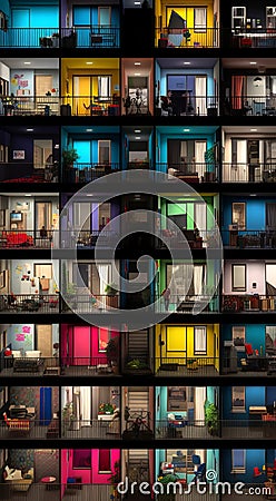 Close-up of a colorful residential building with lattice balconies Stock Photo