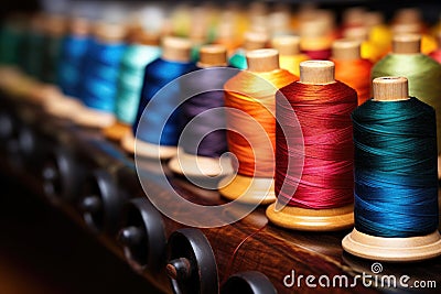 close-up of colorful thread spools on sewing machine Stock Photo