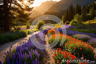 A close-up of colorful wildflowers blooming along the hiking path, adding vibrancy to the landscape Stock Photo