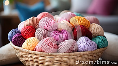 Close-up of coloured skeins of wool thread in a wooden basket. Cosy hobby concept. Generative AI Stock Photo