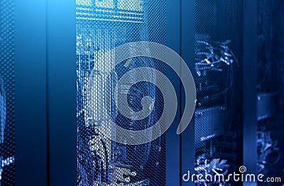 Close up communication center with base stations of cellular data terminal. Blue toning. Radio station interior with technical row Stock Photo