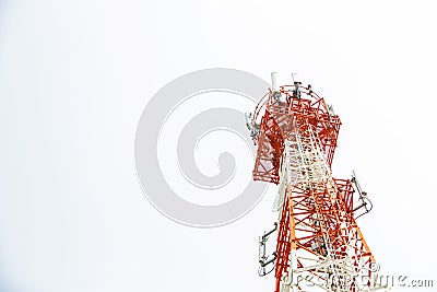 Close up communication tower top. Radio antenna Tower , microwave antenna tower on light sky background. wireless technology conce Stock Photo