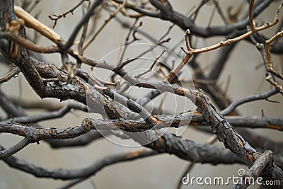 Close-up of complex, intertwined dry branches creating a natural pattern Stock Photo