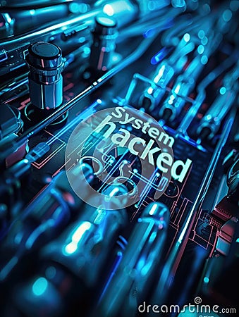 Close-up of a computer circuit board with "System Hacked" text in illuminated blue. Stock Photo