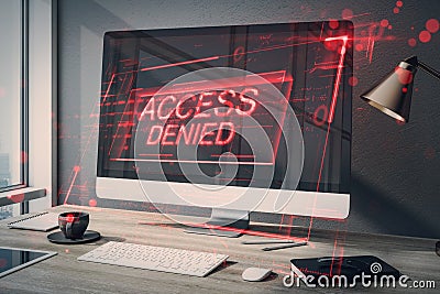 Close up of computer on desktop with abstract red denied access hologram. Connection and crime concept. Editorial Stock Photo