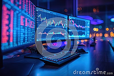 Close-up of the computer with glowing forex index chart with grid on blurry background Stock Photo