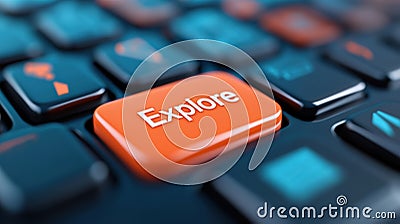 A close up of a computer keyboard with an orange button labeled explore, AI Stock Photo