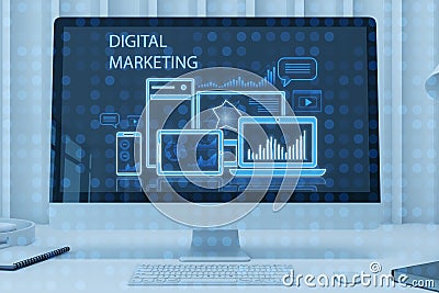 Close up of computer monitor with creative blue gadgets and business chart hologram on blurry pixel background. Digital marketing Stock Photo