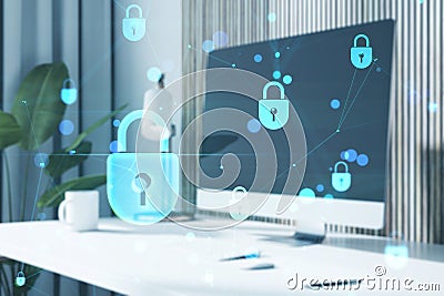 Close up of computer monitor on desk with creative low poly plexus digital padlock interface on blurry background. Safety, Stock Photo