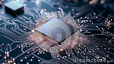 Close-up of a computer processor chip on a circuit board. Glowing lights illuminate the complex circuitry. The image evokes Stock Photo