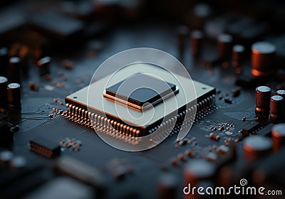 Close-up of a computer processor on a circuit board with intricate details Stock Photo