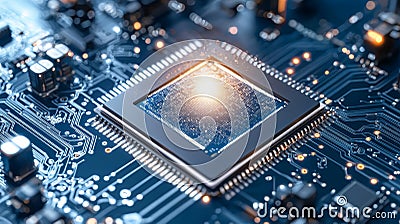 Close-up of a computer processor with a glowing central chip, symbolizing technology, innovation, and processing power Stock Photo