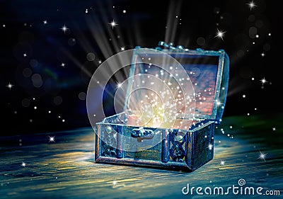 Close up concept greeting card of opened vintage chest treasure Stock Photo