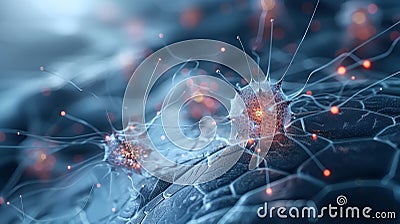 Close-up, concept of neural networks in the brain, glowing neurons and synapses transmitting information, artificial intelligence Stock Photo