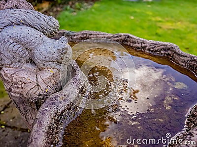 Close up of squirrel statue on top of a stone bird bath Stock Photo
