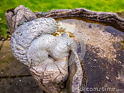 Stone bird bath with a squirrel statue Stock Photo