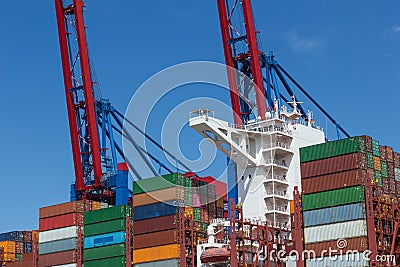 Close up Container ship at the container terminal Export Free trade Economy Container Harbor, inventory management Ships Seaport Stock Photo