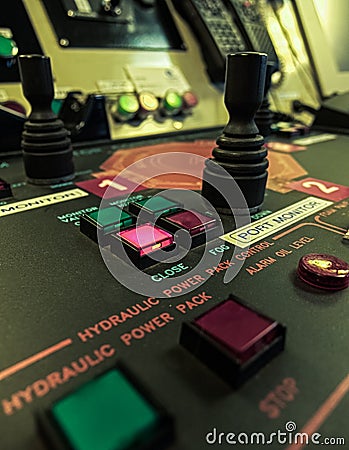 Close up of a control panel for helideck firefighting monitors system Stock Photo