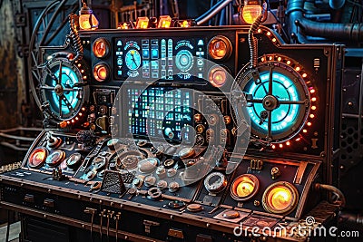 Close-Up of a Control Panel With Numerous Lights, An intricate time machine console with numerous levers, buttons, and glowing Stock Photo