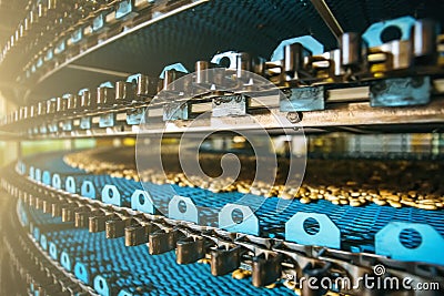 Close up of conveyor line at Confectionary factory, food industry. Cookie and pastry production Stock Photo